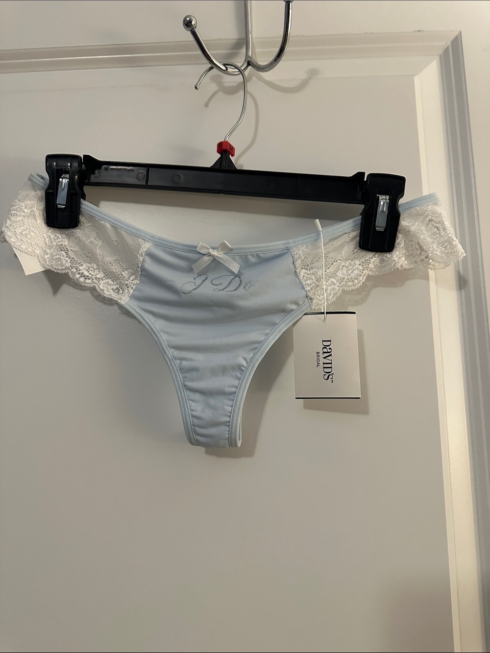 David's Bridal Light Blue Thong with White Lace "I Do"